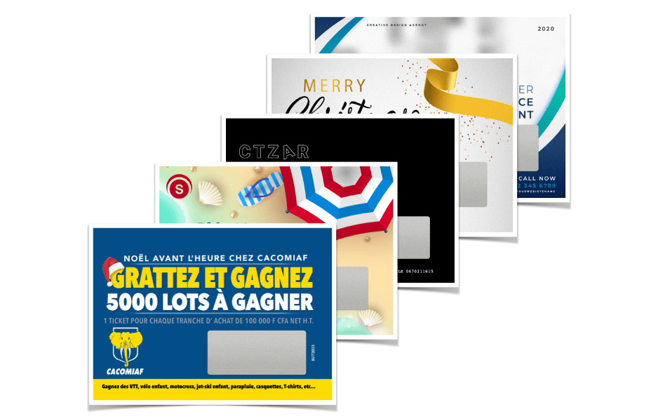 #<Template:0x000000000574f6a8> Les tickets à gratter taille L portrait contiennent une zone à gratter rectangulaire sur des cartes au format 104x70mm paysage pour dissimuler l'ensemble des messages cachés de votre choix. Différentes variantes peuvent être personnalisées.