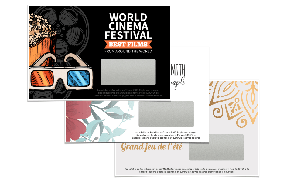 #<Template:0x00007fa1d0a949c0> Les tickets à gratter taille XL paysage contiennent une zone à gratter rectangulaire sur des supports au format 140x85mm paysage pour dissimuler l'ensemble des messages cachés de votre choix. Différentes variantes peuvent être personnalisées.