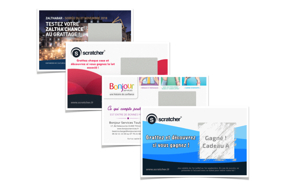 #<Template:0x00007f1b870d2718> Les tickets à gratter Primo® paysage avec carré à gratter contiennent une grande zone à gratter carrée sur des cartes au format carte de visite paysage pour dissimuler l'ensemble des messages cachés de votre choix. Différentes variantes peuvent être personnalisées.