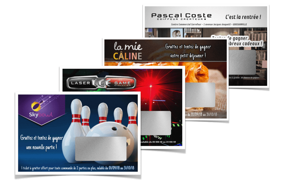 #<Template:0x00007fa2947e4f58> Les tickets à gratter Primo® paysage contiennent une zone à gratter rectangulaire sur des supports au format carte de visite paysage pour dissimuler l'ensemble des messages cachés de votre choix. Différentes variantes peuvent être personnalisées.