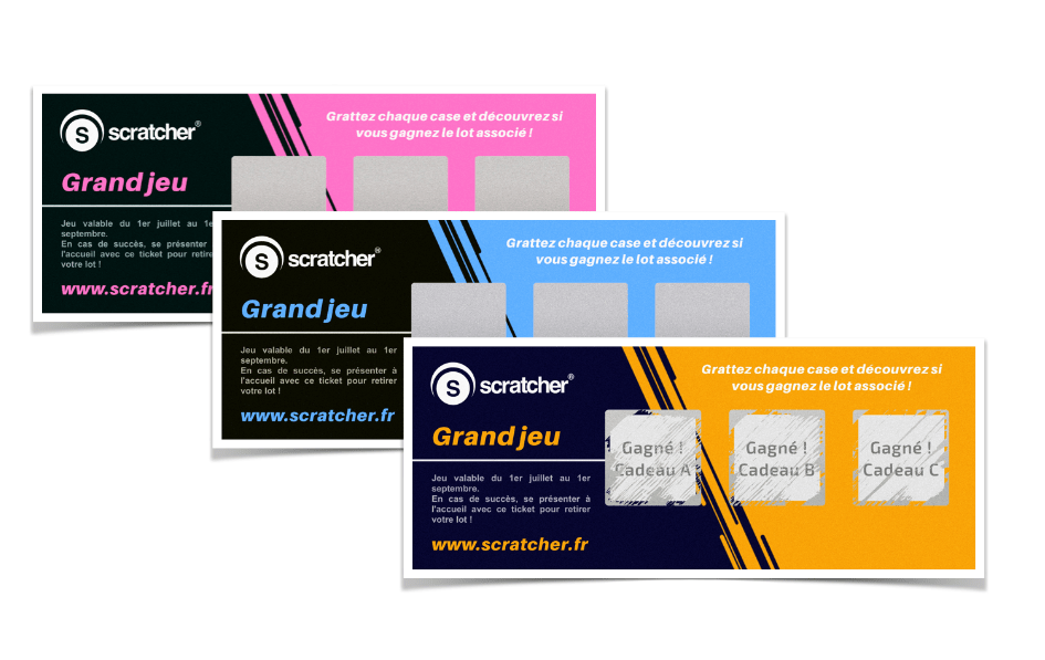 #<Template:0x00007f1b621c3bb0> Les tickets à gratter Scratcher Trio dissimulent vos lots sous trois zones à gratter carrées. Il est possible de faire varier les lots en jeu et de personnaliser le design des cartes.